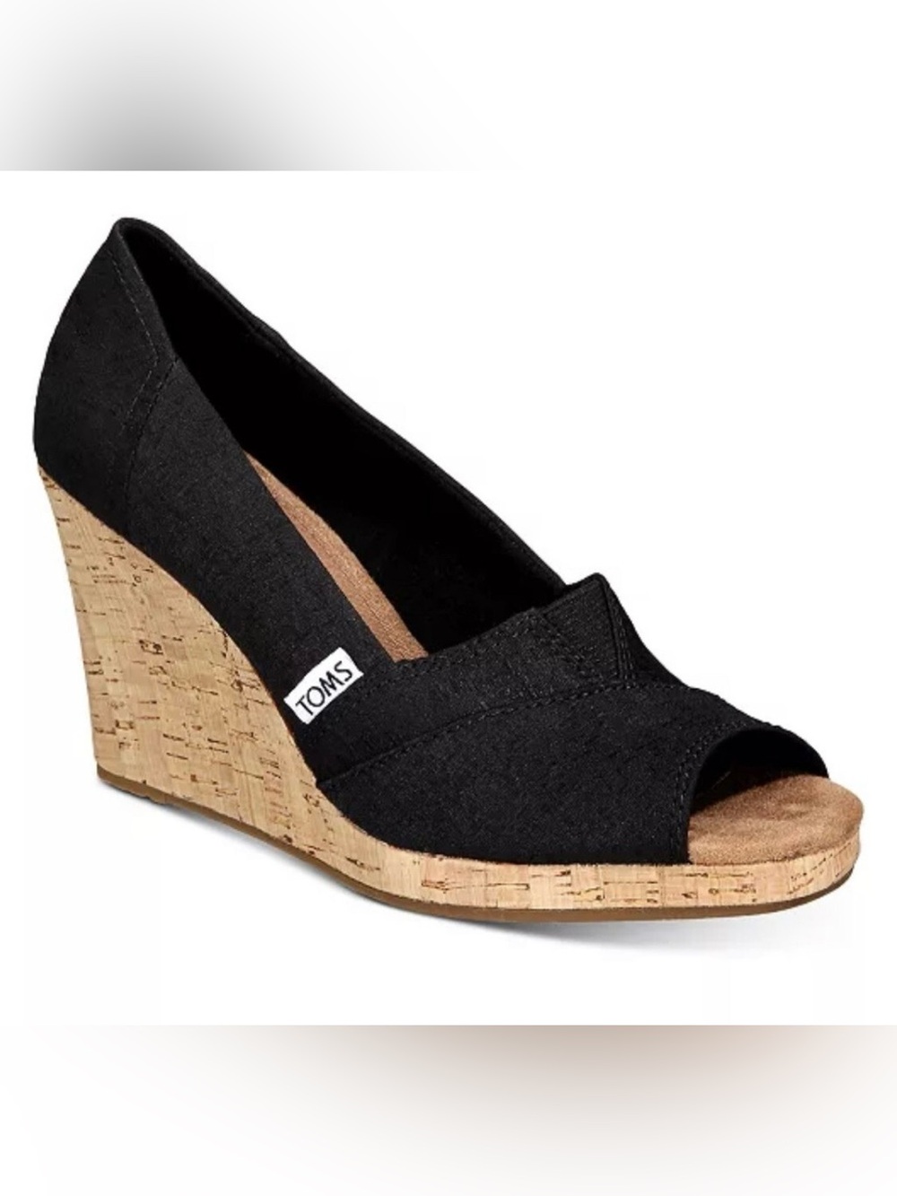 TOMS Womenโs Black Canvas Cork Wedge Peep Toe Pump Size 8.5